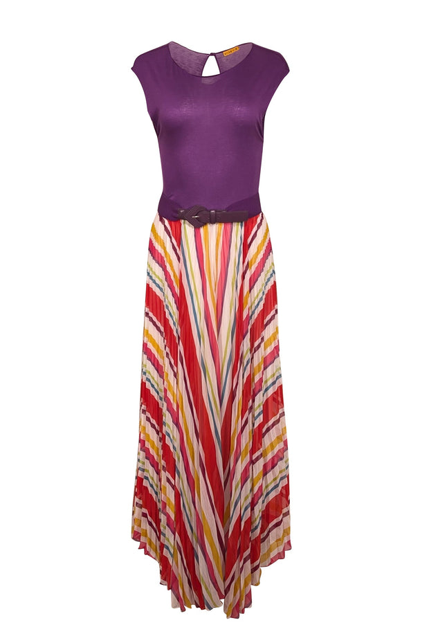 Current Boutique-Alice & Olivia - Purple & Multicolor Striped Sleeveless w/ Purple Belt Maxi Dress Sz M