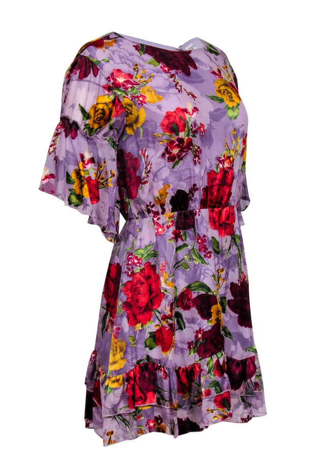 Current Boutique-Alice & Olivia - Purple w/ Multicolor Burnout Floral Print Ruffled Mini Dress Sz 6