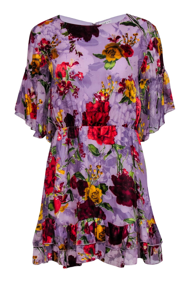 Current Boutique-Alice & Olivia - Purple w/ Multicolor Burnout Floral Print Ruffled Mini Dress Sz 6