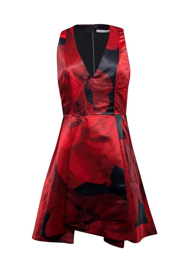 Current Boutique-Alice & Olivia - Red & Black Large Flower Petal Print Satin Sleeveless Dress Sz M