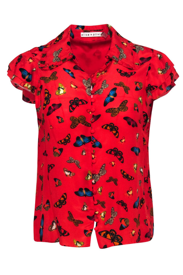 Current Boutique-Alice & Olivia - Red Butterfly Print Button-Down Blouse Sz S