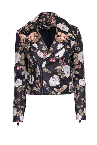 Current Boutique-Alice & Olivia - Washed Black Floral Print Cropped Moto Jacket Sz S