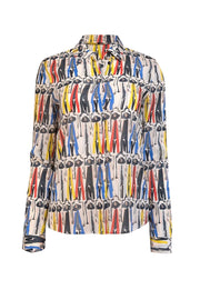 Current Boutique-Alice & Olivia - White w/ Red, Yellow, & Blue Model Print Shirt Sz S