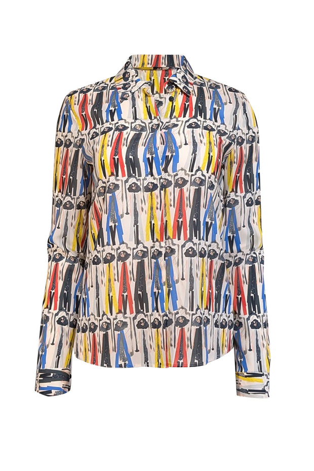 Current Boutique-Alice & Olivia - White w/ Red, Yellow, & Blue Model Print Shirt Sz S