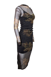 Current Boutique-All Saints - Black & Gold Shimmering Floral Print Sheer Bodycon Dress Sz 2