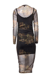 Current Boutique-All Saints - Black & Gold Shimmering Floral Print Sheer Bodycon Dress Sz 2