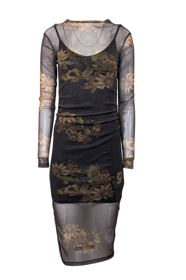 Current Boutique-All Saints - Black & Gold Shimmering Floral Print Sheer Bodycon Dress Sz 2