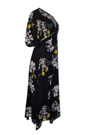 Current Boutique-All Saints - Black w/ Yellow & Ivory Floral Print Puff Sleeve Dress Sz 10