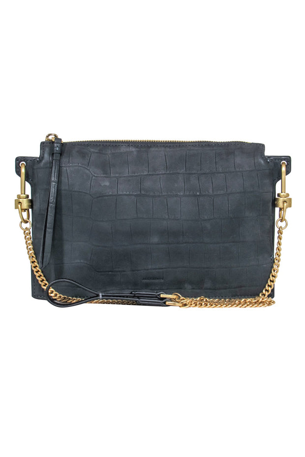 Current Boutique-All Saints – Matte Grey Croc-Embossed Calfskin Crossbody Bag