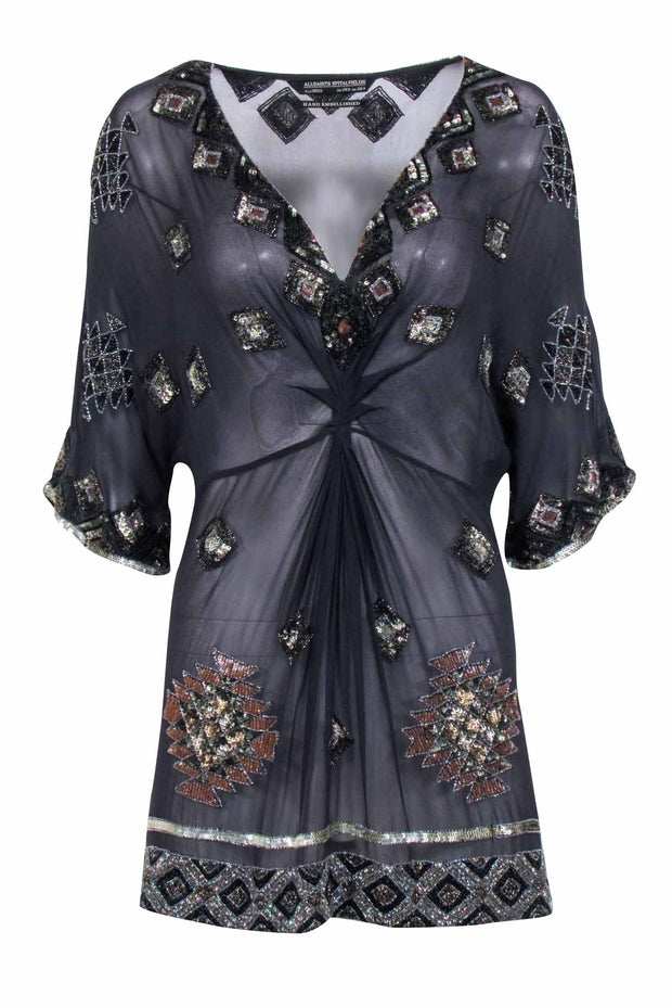 Current Boutique-All Saints - Navy Silk Beaded Shift Dress Sz 4