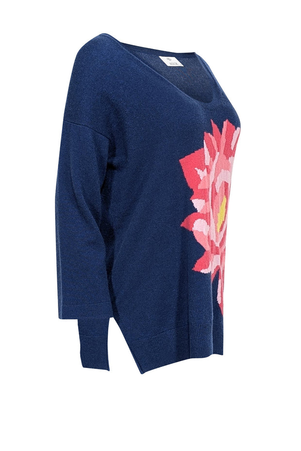 Current Boutique-Allude - Navy Blue Cashmere Sweater w/ Pink Floral Motif Sz S