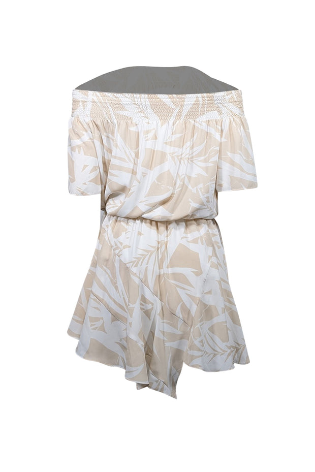 Current Boutique-Amanda Uprichard - Cream & White Leaf Print Satin Off-the-Shoulder Dress Sz M