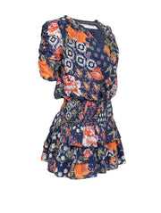 Current Boutique-Amanda Uprichard - Navy & Orange Floral Print Smocked Waist Dress Sz S