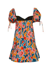 Current Boutique-Amanda Uprichard - Teal Blue, Orange, Pink, & Red Print Puff Short Sleeve Dress Sz S