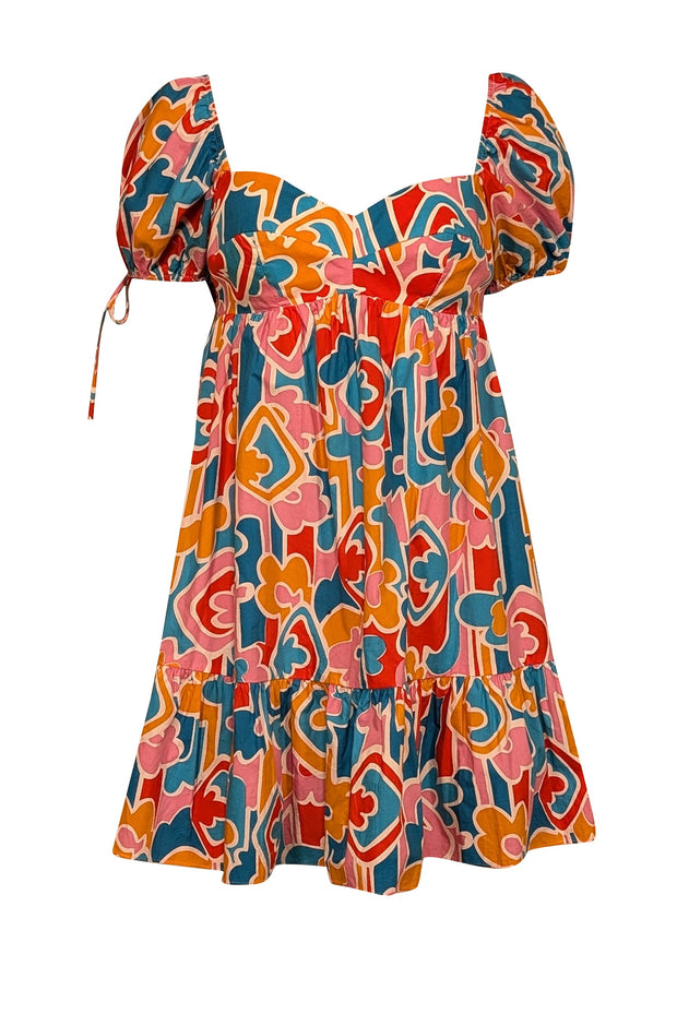 Current Boutique-Amanda Uprichard - Teal Blue, Orange, Pink, & Red Print Puff Short Sleeve Dress Sz S