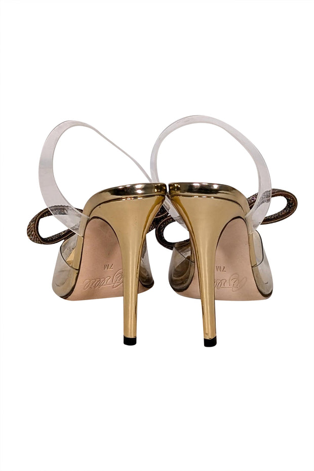 Current Boutique-Aminah Abdul Jillil - Transparent "Aloral" Strappy Pumps w/ Gold Rhinestone Bow Sz 7