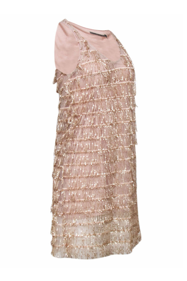 Current Boutique-Angela Davis - Beige Sequin Fringe Sleeveless Dress Sz M