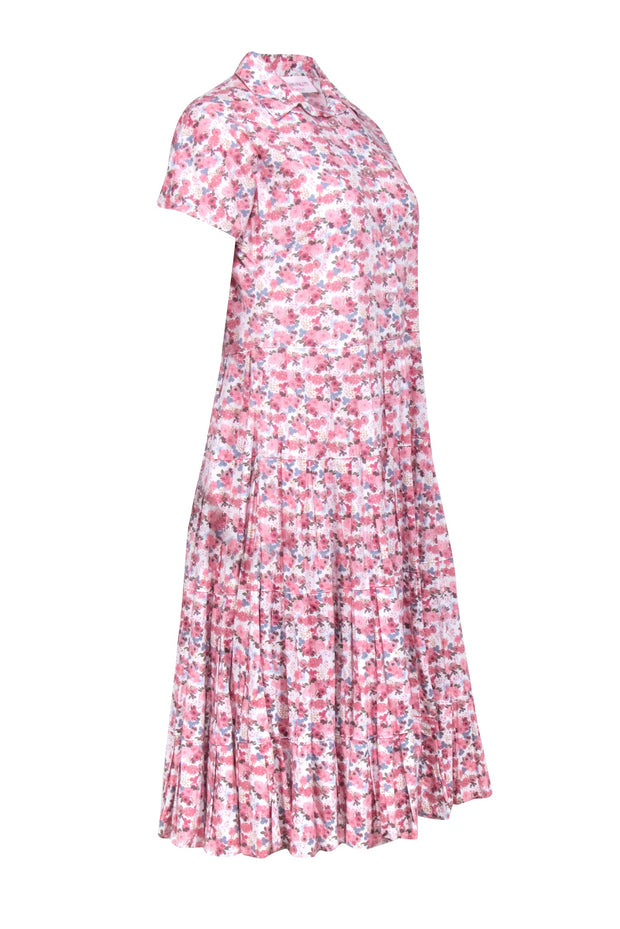 Current Boutique-Anna Maria Paletti - Ivory w/ Pink Floral Print Pleated Midi Dress Sz M