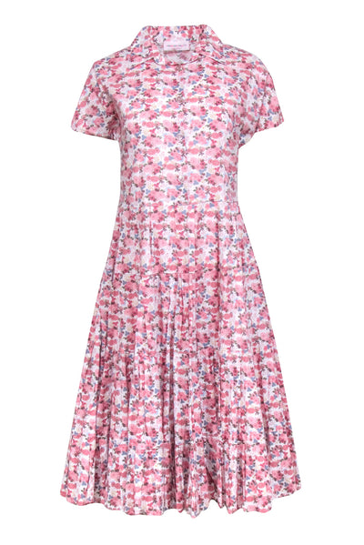 Current Boutique-Anna Maria Paletti - Ivory w/ Pink Floral Print Pleated Midi Dress Sz M