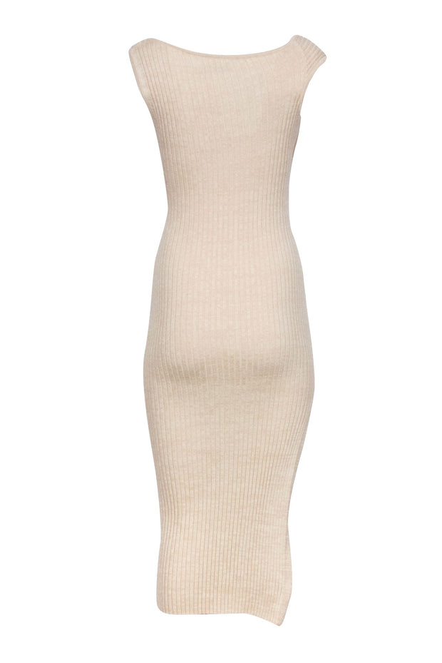 Current Boutique-Anna Quan - Beige Ribbed Knit Dress w/ Twisted Asymmetric Neckline Sz 4