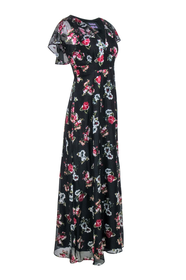 Current Boutique-Anna Sui - Black w/ Pink Velvet Floral Print Formal Dress Sz 6