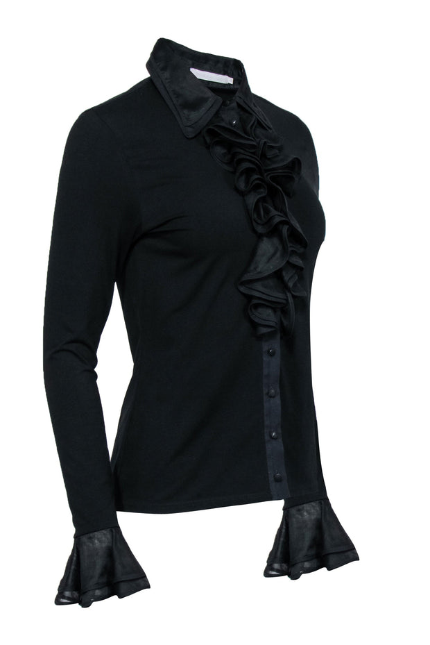 Current Boutique-Anne Fontaine - Black Double Ruffle Button-Up Blouse Sz 4