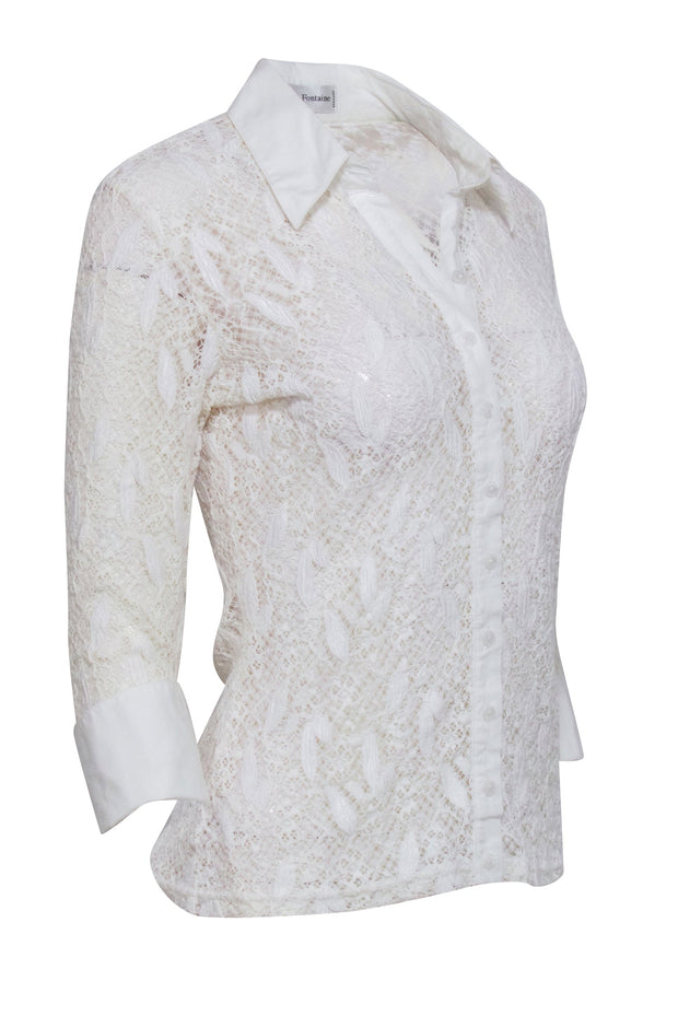 Current Boutique-Anne Fontaine - White Embroidered Lace Sheer Button Down Shirt Sz M