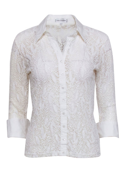 Current Boutique-Anne Fontaine - White Embroidered Lace Sheer Button Down Shirt Sz M