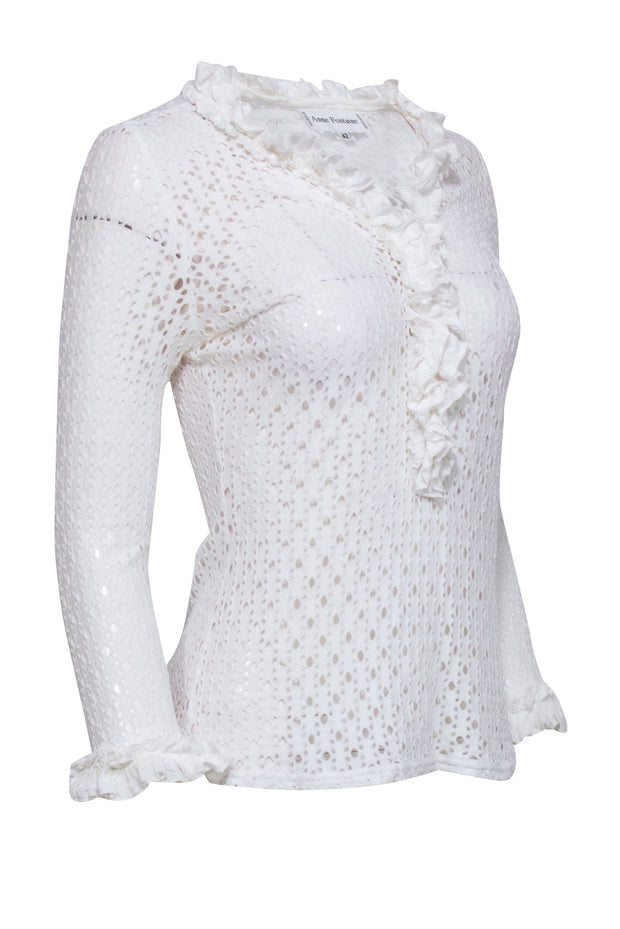 Current Boutique-Anne Fontaine - White Eyelet Ruffle Trim Long Sleeve Top Sz 10