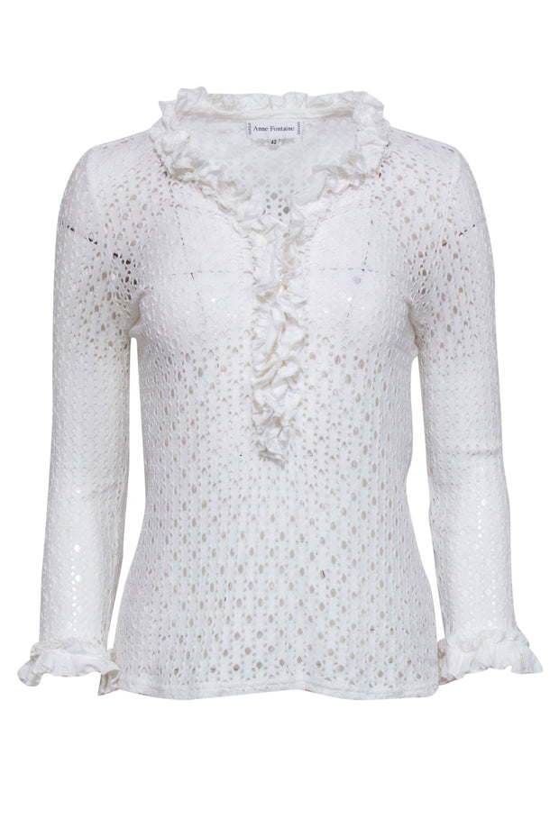 Current Boutique-Anne Fontaine - White Eyelet Ruffle Trim Long Sleeve Top Sz 10