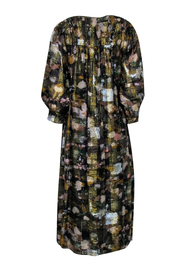 Current Boutique-Anthropologie - Brown & Gold Metallic Thread Dress w/ Multi-Color Print Sz S