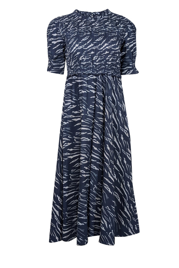 Current Boutique-Apiece Apart - Navy & Grey Zebra Print Short Sleeve Midi Dress Sz XS