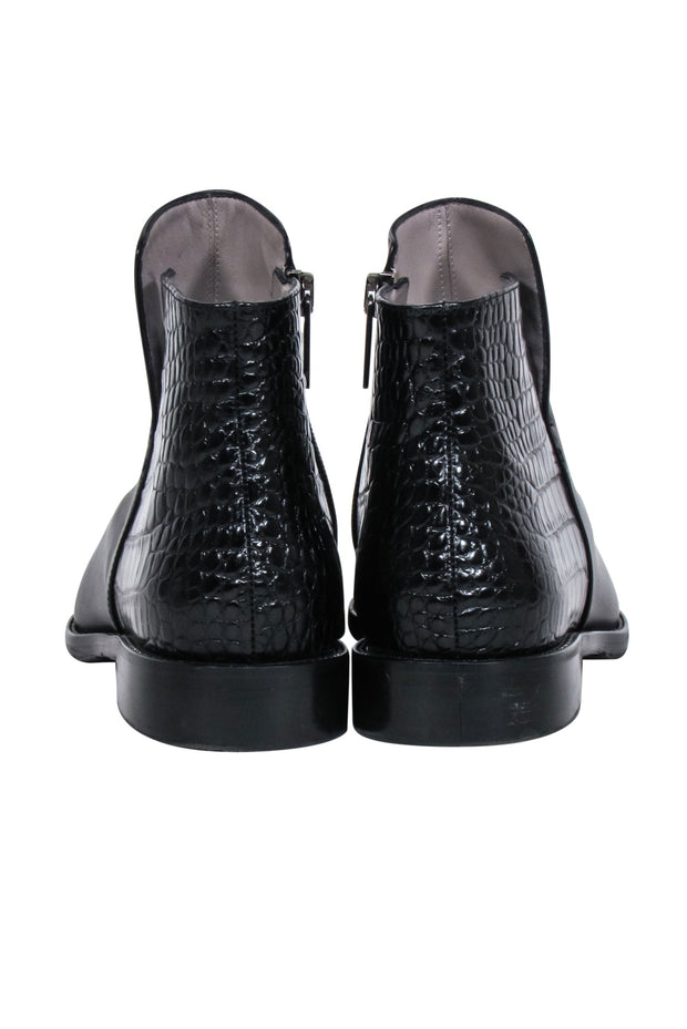 Current Boutique-Aquatalia - Black Leather Pointed-Toe Short Boots w/ Croc Embossing Sz 8.5