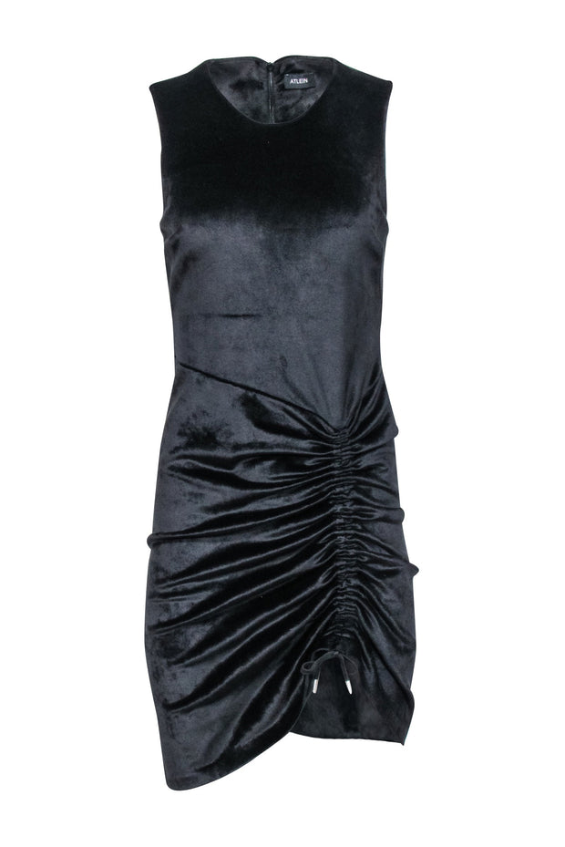 Current Boutique-Atlein - Black Bonded Velvet Ruched Bodycon Dress Sz 8