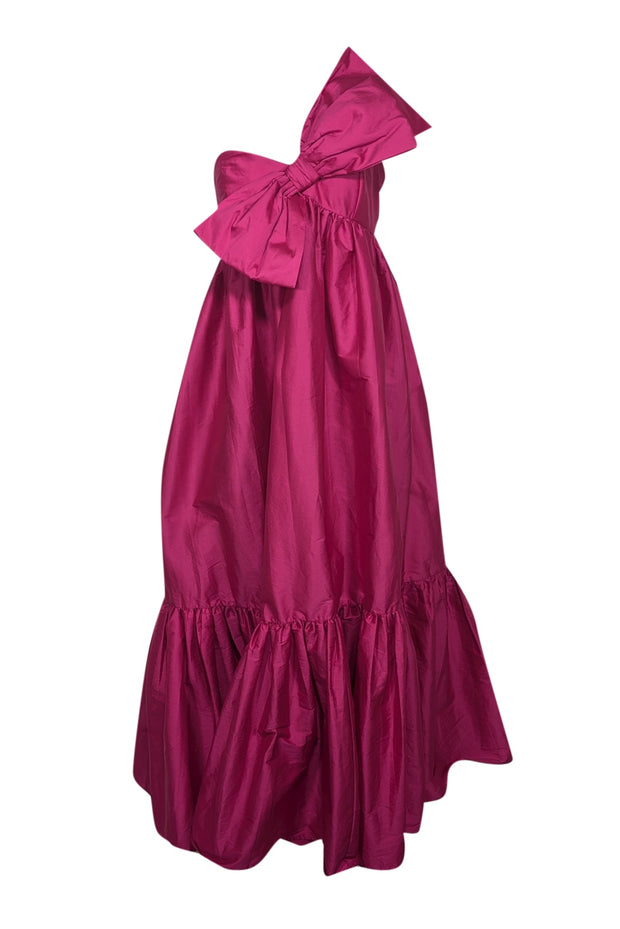 Current Boutique-Atsu - Magenta Taffeta Bow One Shoulder Maxi Dress Sz S