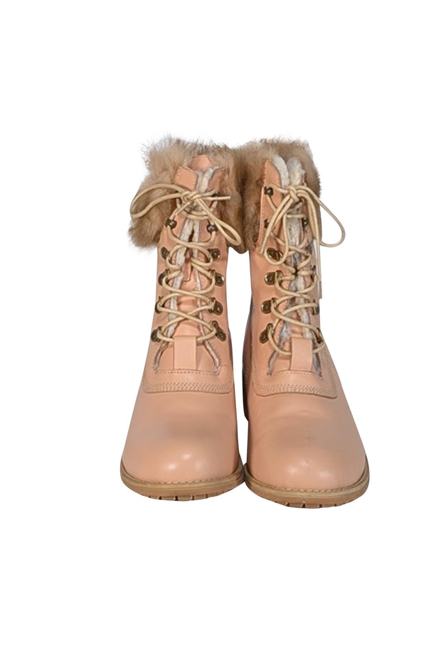 Current Boutique-Australia LUXE Collective - Beige Leather w/ Sheep Fur Trim Combat Boots Sz 9