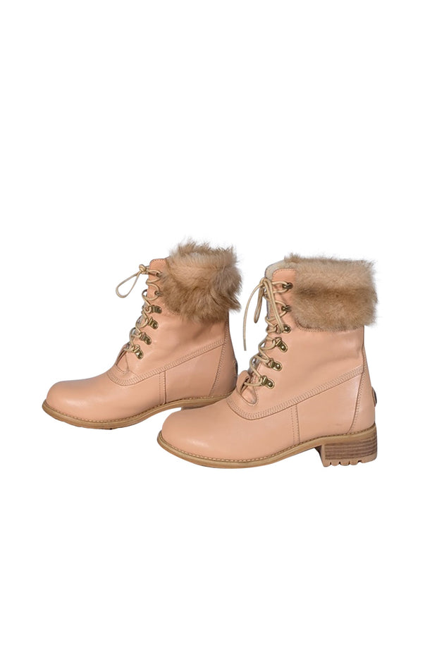 Current Boutique-Australia LUXE Collective - Beige Leather w/ Sheep Fur Trim Combat Boots Sz 9