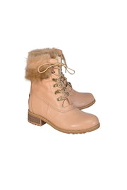 Current Boutique-Australia LUXE Collective - Beige Leather w/ Sheep Fur Trim Combat Boots Sz 9