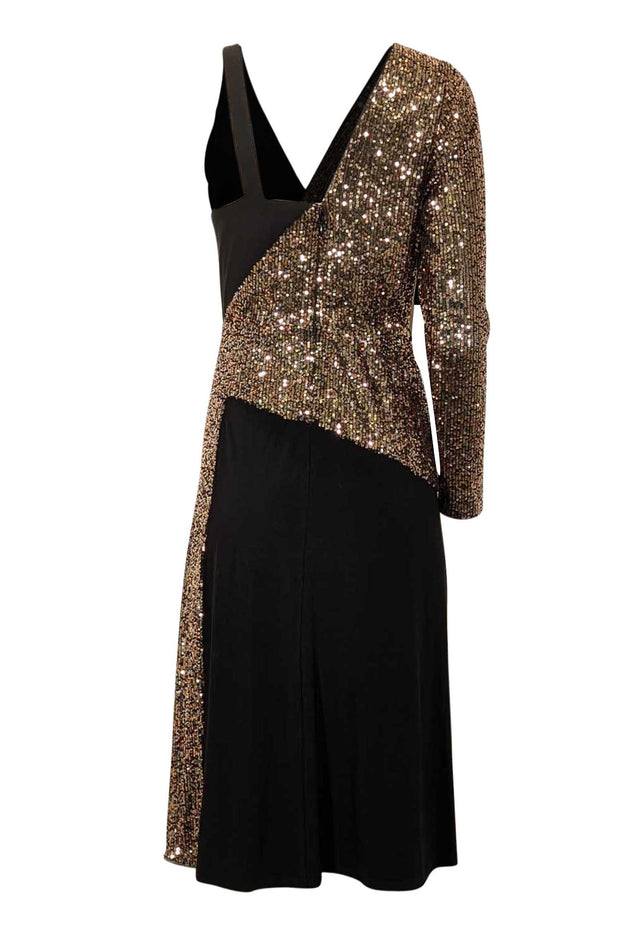 Current Boutique-BCBG Max Azria - Black & Copper Sequin One Sleeve w/ Slit Midi Dress Sz S