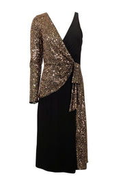 Current Boutique-BCBG Max Azria - Black & Copper Sequin One Sleeve w/ Slit Midi Dress Sz S