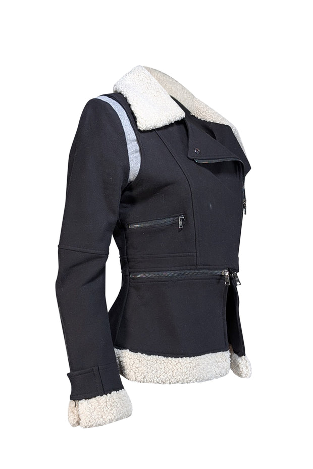 Current Boutique-BCBG Max Azria - Black Cotton Moto Jacket w/ Faux Shearling Trim Sz XS