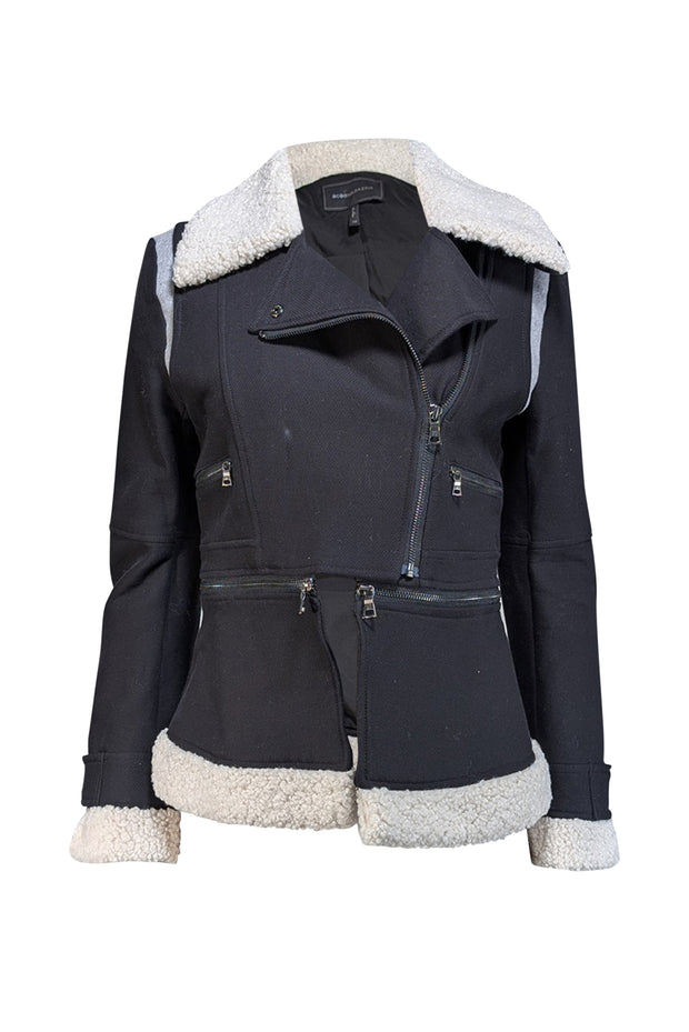 Current Boutique-BCBG Max Azria - Black Cotton Moto Jacket w/ Faux Shearling Trim Sz XS