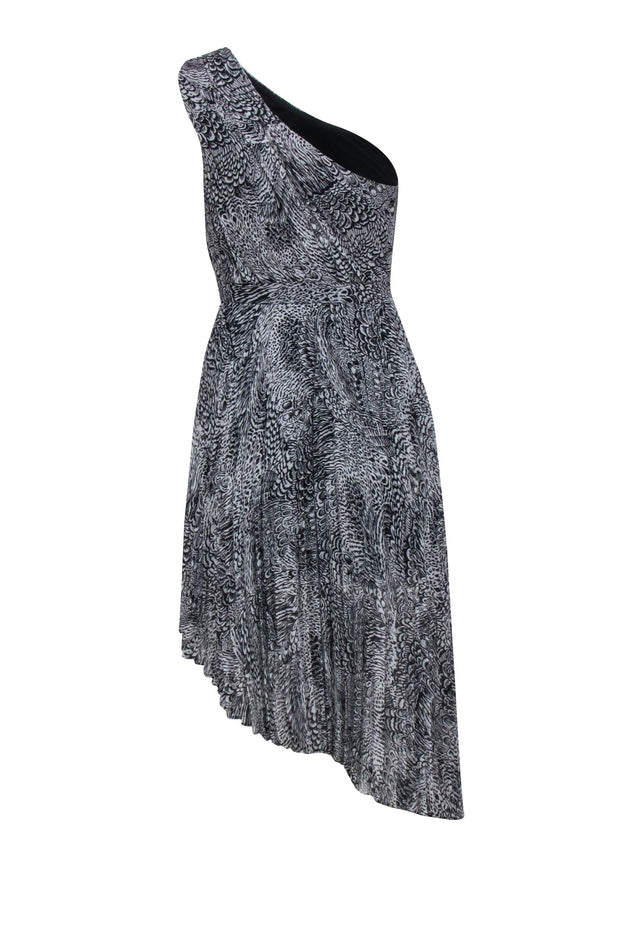 Current Boutique-BCBG Max Azria - Black & Ivory Print Pleated One Shoulder Dress Sz 0