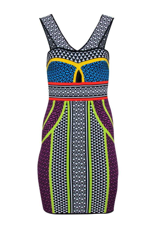 Current Boutique-BCBG Max Azria - Black & Multi Color Print Bodycon Dress Sz S