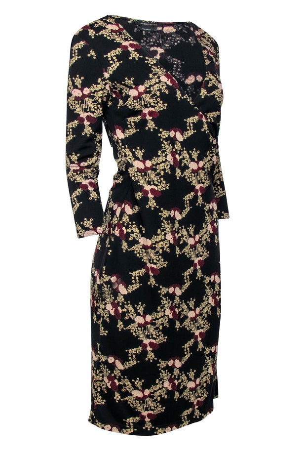 Current Boutique-BCBG Max Azria - Black w/ Cream, Blush, & Maroon Floral Print Long Sleeve Dress Sz S