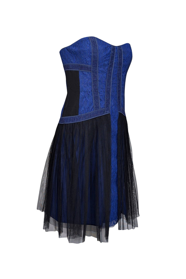 Current Boutique-BCBG Max Azria - Blue & Black Floral Lace Strapless Mini Dress Sz 8