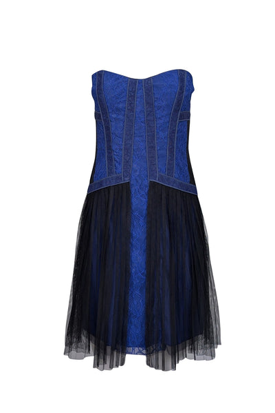 Current Boutique-BCBG Max Azria - Blue & Black Floral Lace Strapless Mini Dress Sz 8