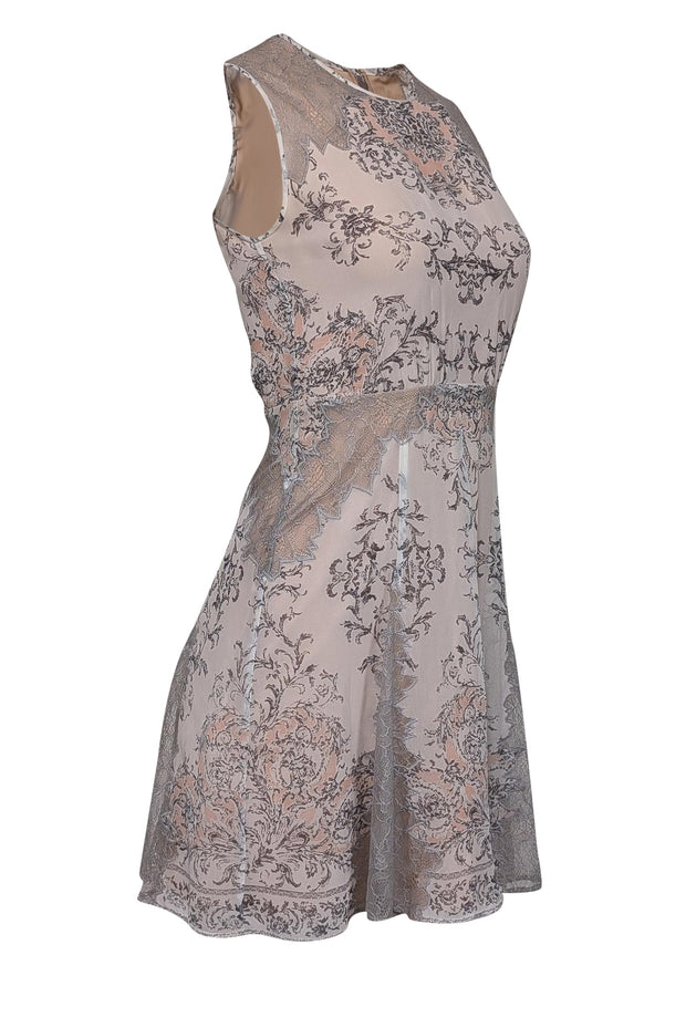 Current Boutique-BCBG Max Azria - Cream w/ Pink & Grey Paisley Print Lace Trimmed Dress Sz 0