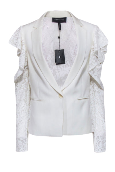 Current Boutique-BCBG Max Azria - Ivory Blazer w/ Ruffled Cold Shoulder Lace Sleeves Sz S