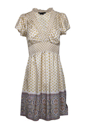 Current Boutique-BCBG Max Azria - Ivory & Green Polka Dot Print Smocked Waist Dress Sz S